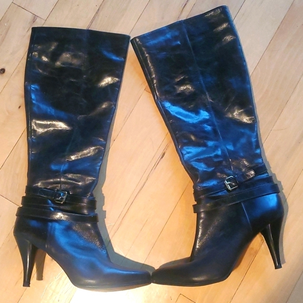 Nine West Black Leather Tall Knee High Boots Stiletto Heel Buckle Detail Womens